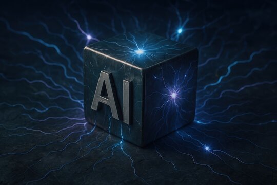AI processor chip glowing with blue energy. Use for digital transformation visuals, cybersecurity branding, artificial intelligence marketing, or fintech campaigns.
