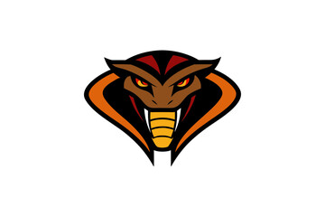 Aggressive cobra head logo with fangs and hood displayed on black background fierce reptile emblem