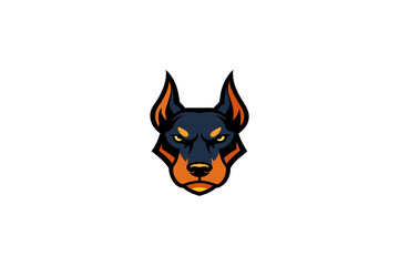 Fierce doberman pinscher head with intense yellow eyes and orange accents on a black background stylized illustration