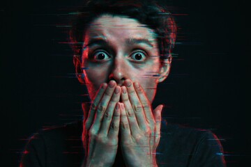 Shocked man with glitch effect covering mouth. Use for identity theft visuals, cybercrime awareness, online fraud campaigns, or tech security ads.
