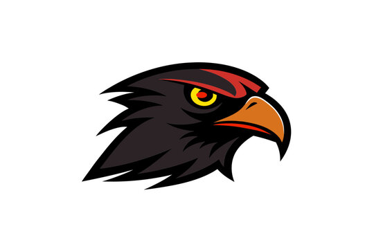 Intense fierce eagle head with yellow eye and red brow accent on a black background minimalist logo design
