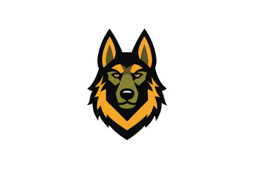 Stylized fierce german shepherd dog head mascot logo with intense eyes and sharp features on a black background
