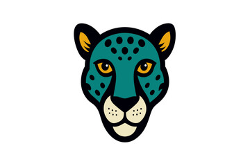 Stylized teal jaguar face with yellow eyes and black spots on a black background a fierce predator