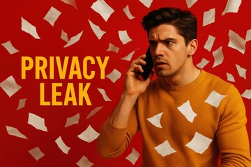 Man on phone with privacy leak text. Use for cybersecurity alerts, online fraud prevention, data protection campaigns, or IT risk visuals.
