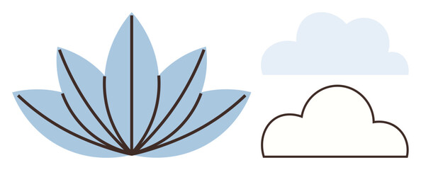Blue lotus with layered petals alongside two minimal cloud designs. Ideal for wellness, meditation, calmness, mindfulness, nature, peaceful states, and spiritual growth concepts. Simple flat metaphor