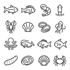 Icon pack, icon sheet, seafood theme, outline version