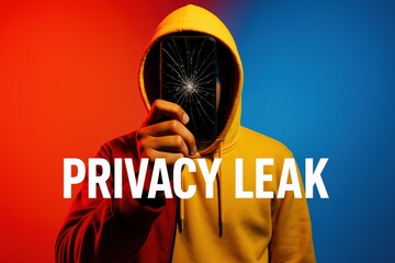 Hooded figure holding cracked phone with privacy leak text. Use for cybercrime visuals, online fraud prevention, hacking awareness, or data breach campaigns.
