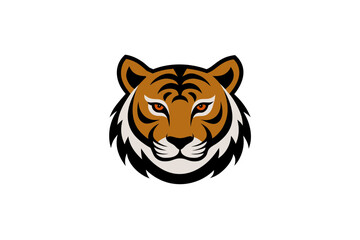 Stylized illustration of a fierce tiger face with striking orange eyes and black stripes on a solid black background