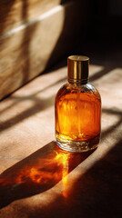 Small amber glass bottle with shiny golden cap sits on wooden surface, casting warm shadow in sunlight. scene evokes sense of elegance and tranquility