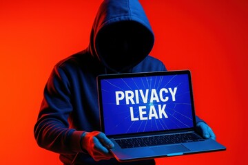 Hooded hacker showing privacy leak text on laptop. Use for cybercrime awareness, corporate risk training, IT fraud campaigns, or data protection marketing.
