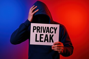Hooded hacker holding privacy leak sign. Use for cybersecurity campaigns, hacking awareness visuals, online fraud prevention, or corporate data protection reports.
