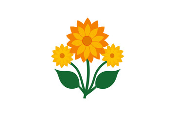 A stylized illustration of three bright yellow and orange sunflowers with green leaves against a stark black background
