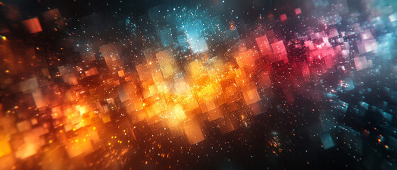 Fototapeta premium An abstract digital background with dynamic colored blocks and sparks, creating an effect of movement and energy—suitable for modern presentations and creative projects.