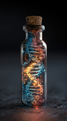 Glowing DNA helix in glass vial with cork stopper, showcasing vibrant blue and orange colors, symbolizes biotechnology and genetic research. dark background enhances vividness of DNA structure