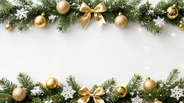 Festive christmas border with gold ornaments and evergreen branches, banner, background  - Powered by Adobe