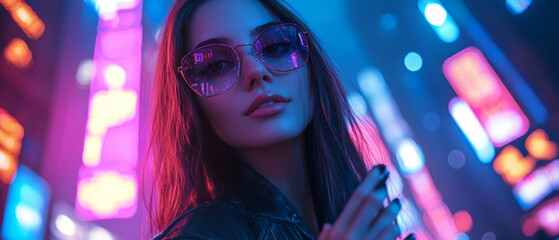 A stylish girl wearing glasses with purple lenses against a backdrop of neon lights — for advertising fashion accessories, nightclubs, and city entertainment.