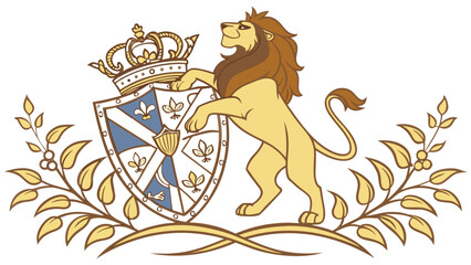 Majestic lion standing proudly with a royal crown atop a heraldic shield adorned with fleur de lis and floral motifs flanked by decorative branches © stock
