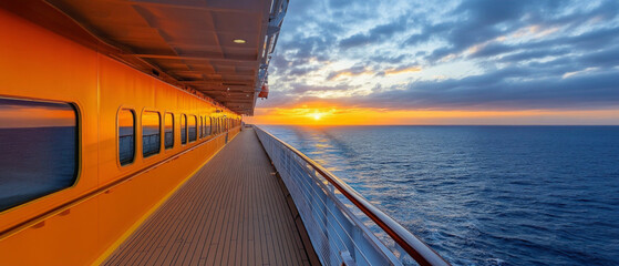 The deck of a cruise ship with a view of the sunset over the sea, creating a feeling of travel and relaxation. Suitable for travel agencies and travel blogs.