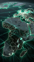 Digital rendering of glowing world map highlights global connectivity with neon lines linking continents, emphasizing international communication and cyber networks