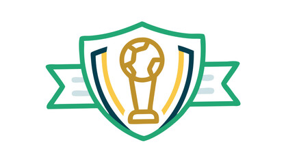 Stylized golden soccer trophy with a football inside a shield emblem with green and blue borders and a green ribbon banner with white stripes on a black background