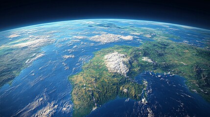 The texture of the blue planet Earth with clouds and green continents is suitable for scientific articles about space, ecology, and educational materials about geography.