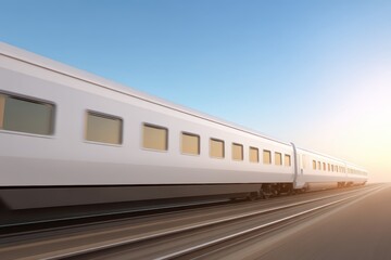 Naklejka premium High-Speed Train in Motion on Tracks with Vibrant Sky at Sunset