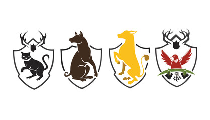 Four stylized heraldic crests featuring a black cat with antlers a brown dog a golden lion and a red bird with antlers on a black background