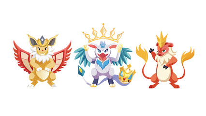 Three stylized fantasy creatures with crowns one yellow with red wings one white with blue wings and a crown and one orange with a crown and flowing mane