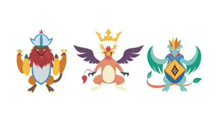 Three stylized fantasy creatures with distinct crowns and accessories presented in a flat design vector illustration against a black background