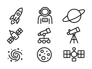 Space exploration icons: rocket, astronaut, planet, satellite, telescope, galaxy, moon
