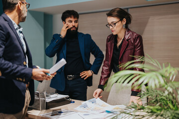 A group of three colleagues in a business meeting analyzing documents and exchanging ideas. The scene portrays collaboration, professionalism, and strategic planning in a corporate environment with
