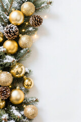 Festive christmas border with gold ornaments, snowy pine cones, and greenery on white background