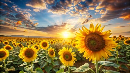 Obraz premium Golden Hour Sunbeams Illuminating a Vast Field of Vibrant Sunflowers at Sunset