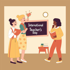 Art & IllustrationPortrait of a happy smiling satisfied teacher woman with a bouquet of flowers and helium balloons in the classroom during celebrating world teachers day and international Teachers da