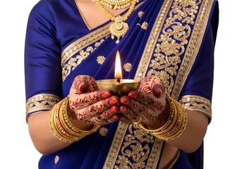 Woman in Traditional Blue Saree with Gold Jewelry and Mehndi Holding Diya Lamp for Diwali Festival Celebration and Puja