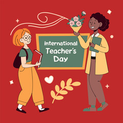 Art & IllustrationPortrait of a happy smiling satisfied teacher woman with a bouquet of flowers and helium balloons in the classroom during celebrating world teachers day and international Teachers da