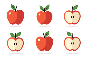 Flat vector illustration of red apples whole and sliced, with leaves, healthy fruit design isolated on white background