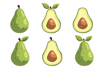 Flat vector illustration of avocados whole and sliced with seed and leaves, healthy organic fruit design isolated on white background