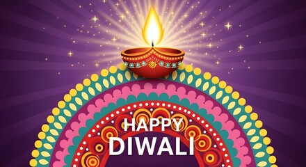 Happy diwali greeting with a traditional diya lamp lit and glowing brightly, set against a vibrant purple background with radiating light and sparkling stars, celebrating the festival of lights