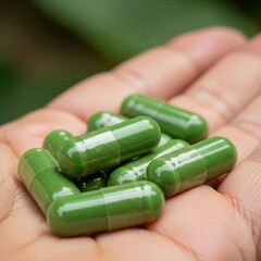 Close-up of hand holding green capsules, ideal for health, medicine, or supplement themes.