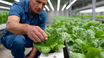Farmer inspecting hydroponic lettuce in a modern greenhouse.