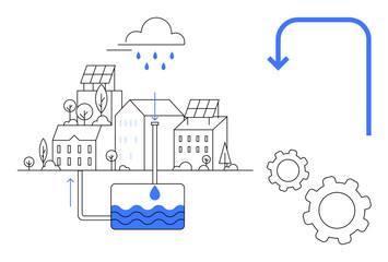 Urban area with solar panels, rainwater collection system, water tank, and gears. Ideal for sustainability, water management, renewable energy, green tech, system design environmental studies