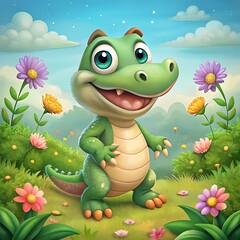 Fototapeta premium Cute Cartoon Crocodile in Flower Garden