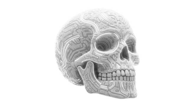 Futuristic white skull with circuit design png isolated on transparent background - Powered by Adobe