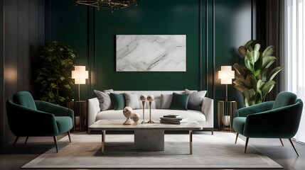 contemporary living space showcasing emerald green accent wall complemented by minimalist furnishings and warm lighting highlighting modern aesthetic and cozy ambiance permodern living room with table