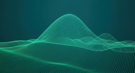 3d illustration of 3d digital landscape with a glowing green wireframe mountain and undulating terrain, representing data