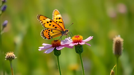 Closeup of orange butterfly on pink flower with green background