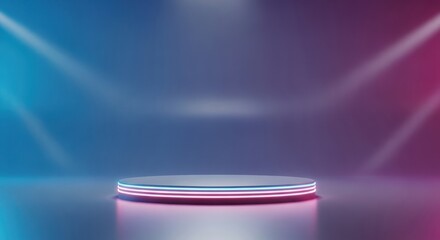 3d illustration of empty futuristic podium with neon pink and blue lights, spotlight effect, and reflective surface
