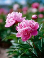 Vibrant pink peonies blooming in a lush garden setting.