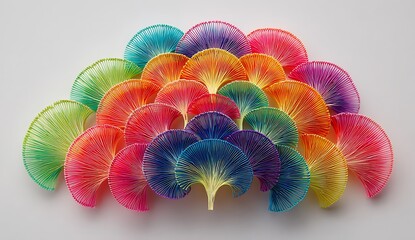 Vibrant rainbow colored fluffy ball toys arranged in a fan shape